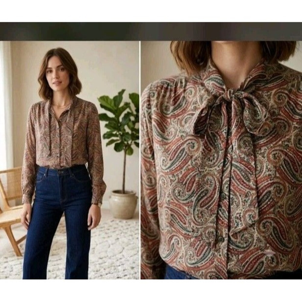David Strauss Blouse Size 8P Button Neck Bow Long Sleeve Paisley